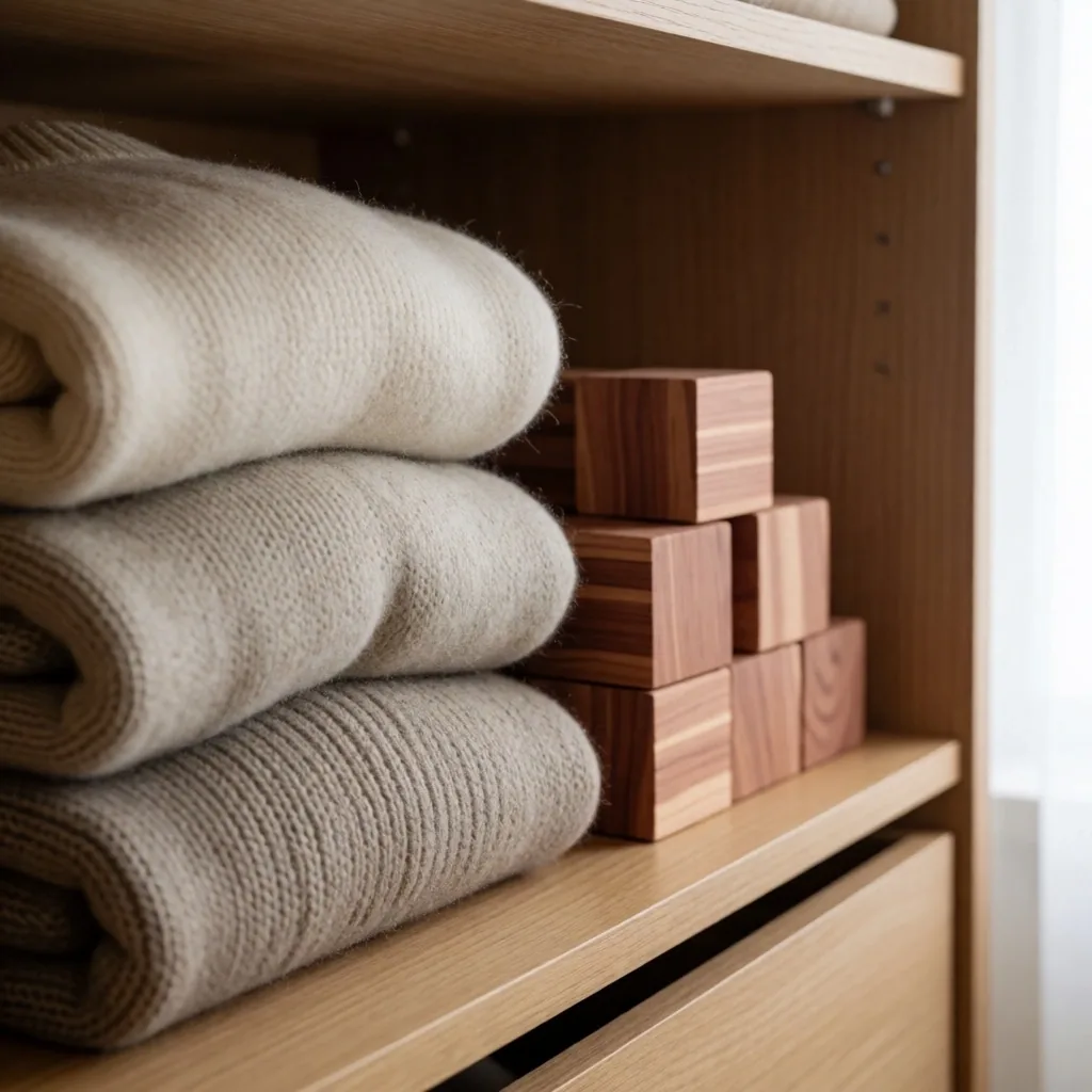 Geordneter Kleiderschrank mit Holzbügeln und Zedernholz